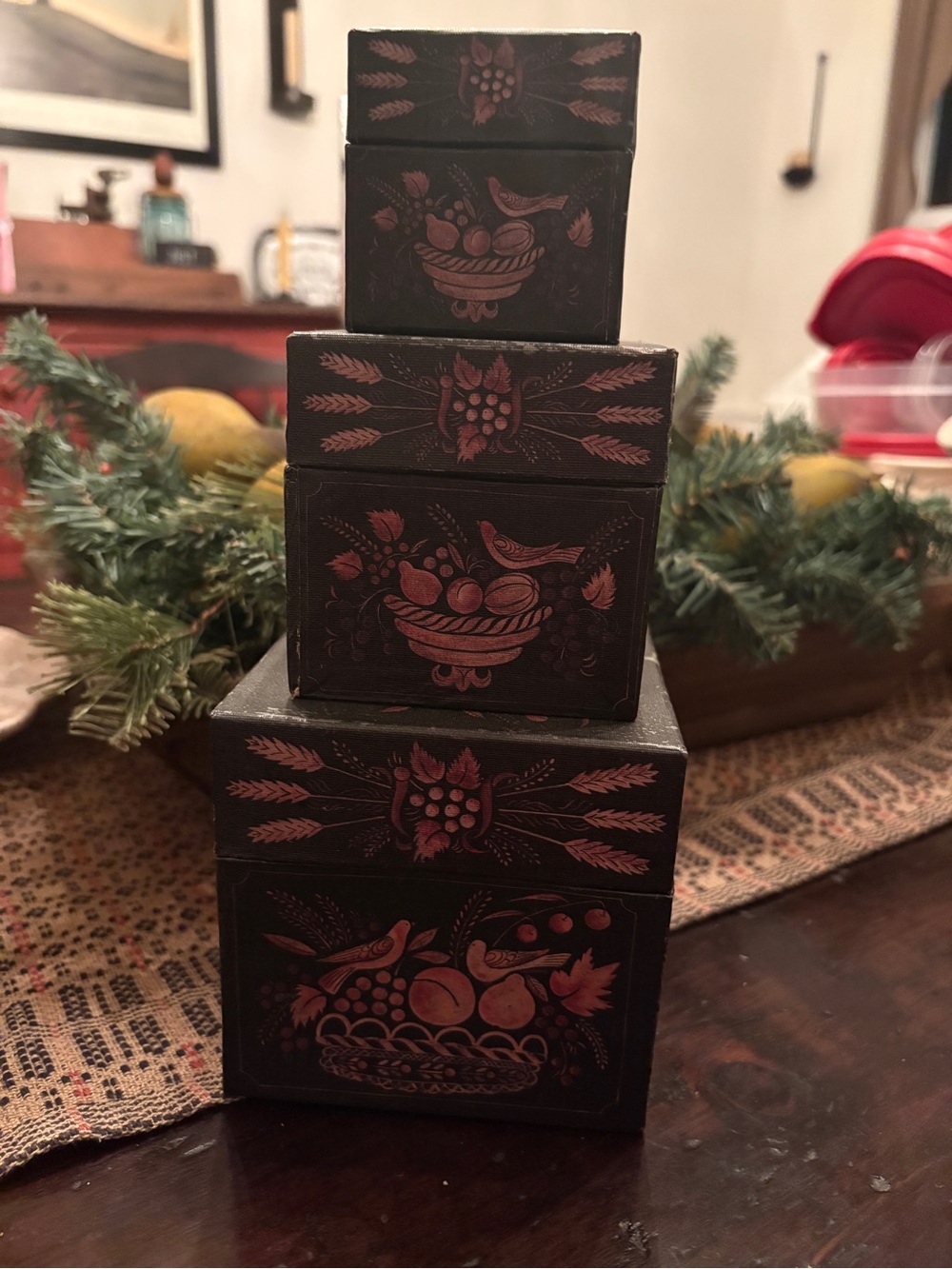 Folk-Inspired Nesting Holiday Boxes in Black and Red